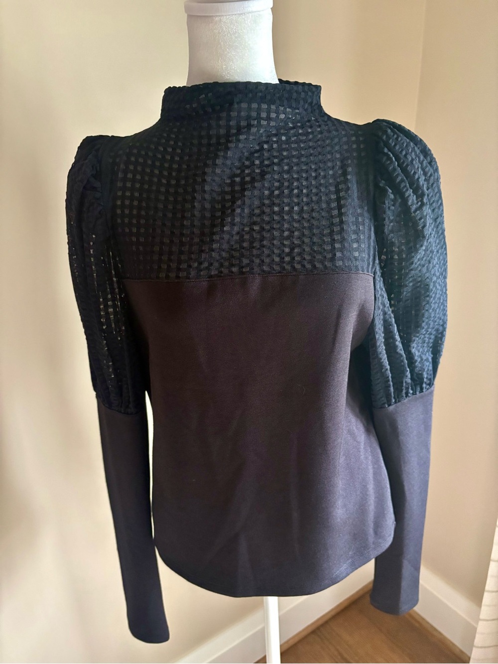 Leave Elegant Black Puff-Sleeve Women's Top With Semi sheer accents, size M